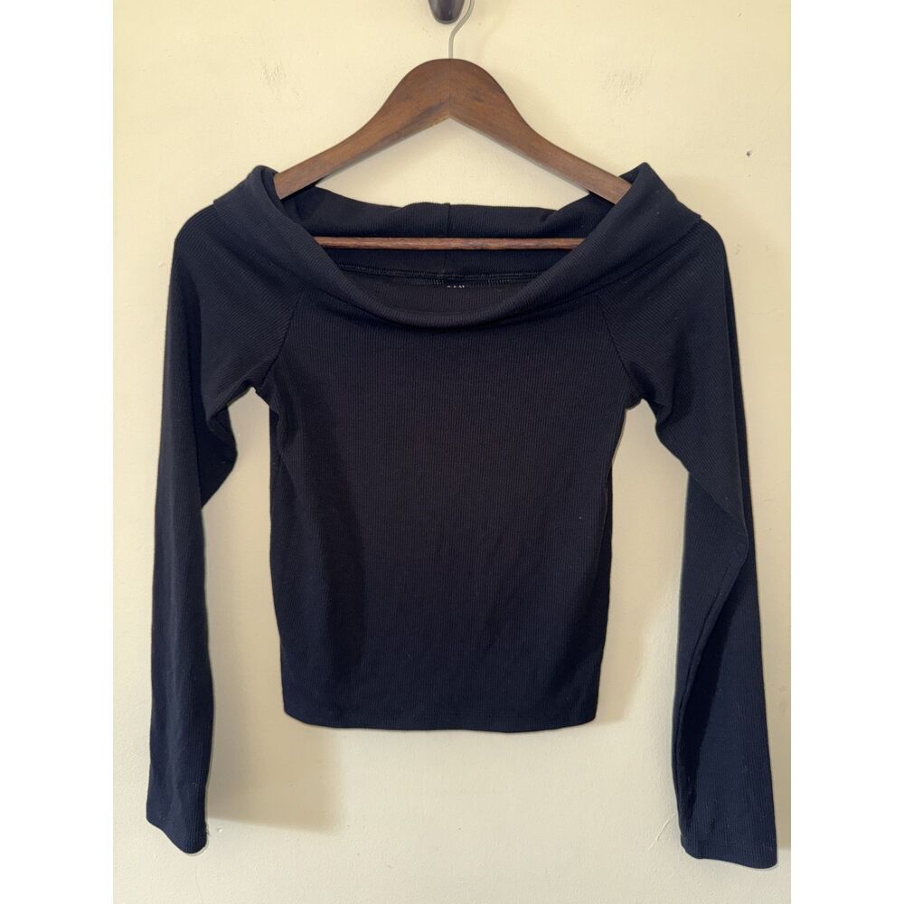 American Eagle Black Ribbed Off-the-Shoulder Long Sleeve Top Size Small